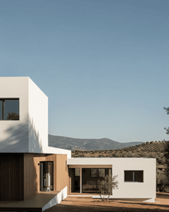 Fondo con una fotografía de una casa moderna de un piso, con un diseño modular y acabados en blanco y madera. Se sitúa en un entorno rural, rodeada de un terreno de tierra rojiza y olivos. Al fondo, se ven colinas cubiertas de vegetación bajo un cielo azul despejado. La casa tiene grandes ventanales que dan a una terraza de madera, y una de las secciones de la fachada está revestida con lamas de madera. Un pequeño olivo se encuentra en primer plano, cerca de la casa.