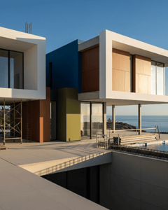 Fondo con una fotografía de varias casas modernas de lujo en construcción, con vistas al mar en el fondo. La arquitectura presenta formas cúbicas con grandes ventanales y balcones en voladizo. Las fachadas combinan paneles de color blanco, azul oscuro, verde oliva y madera. Una de las estructuras en voladizo se apoya sobre pilares delgados. Un andamio y materiales de construcción se ven en primer plano, junto a una piscina rectangular. La luz del sol ilumina la escena, proyectando sombras.