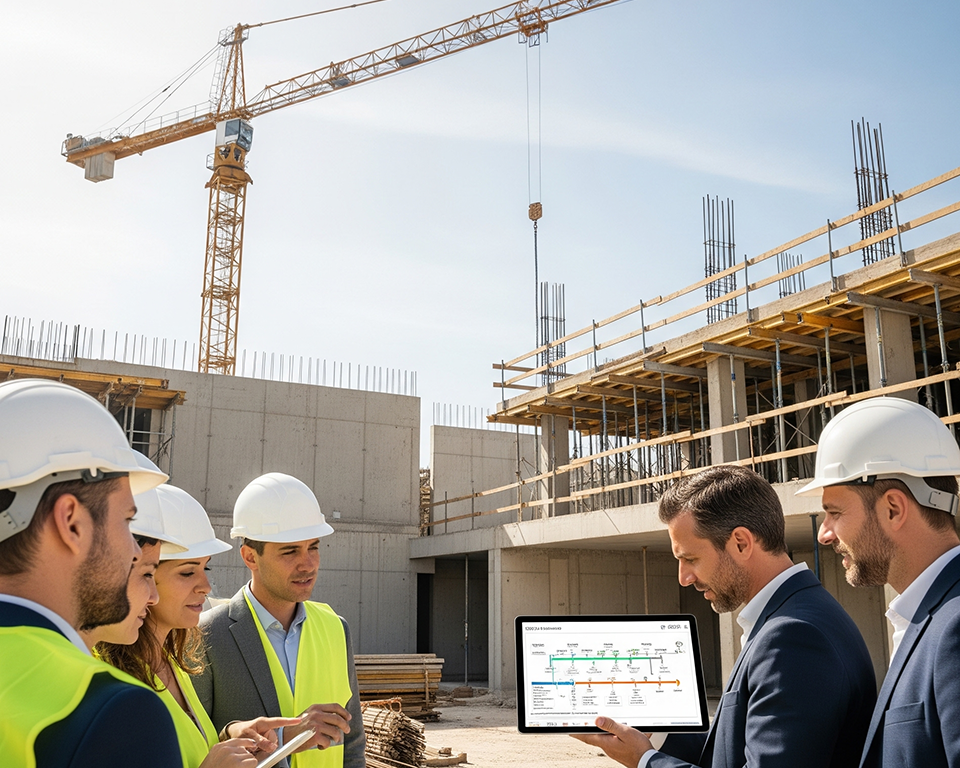 Un grupo de ingenieros o arquitectos revisa los planos de una obra en una tableta. Todos llevan casco y chaleco de seguridad. Al fondo, se aprecia la estructura de hormigón de un edificio en construcción y una gran grúa amarilla.