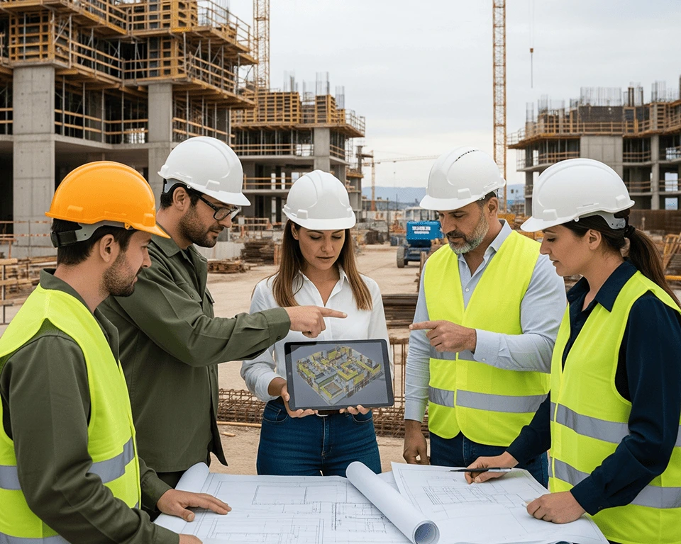 Un equipo de profesionales de la construcción, con cascos y chalecos de seguridad, se reúne en una obra. Sostienen planos de papel y una tableta que muestra un modelo 3D del proyecto.