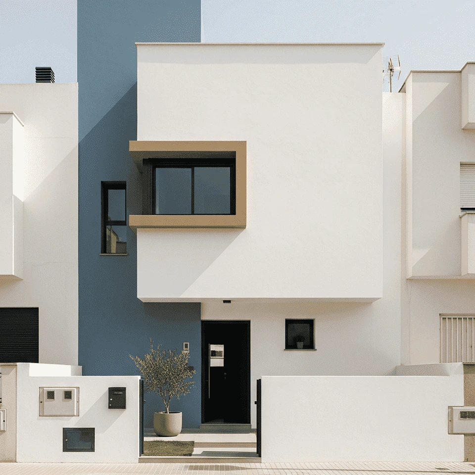 Fotografía de una casa adosada moderna de dos plantas con una fachada predominantemente blanca y un gran bloque de color azul grisáceo que se extiende verticalmente. Una de las ventanas del segundo piso tiene un marco de color madera que sobresale de la pared. La puerta principal es negra y tiene un pequeño árbol en una maceta junto a la entrada. Un muro bajo de color blanco rodea la pequeña zona ajardinada de la entrada. Un farol de calle negro se ve en el lado derecho de la imagen. El cielo es de un azul pálido y despejado.