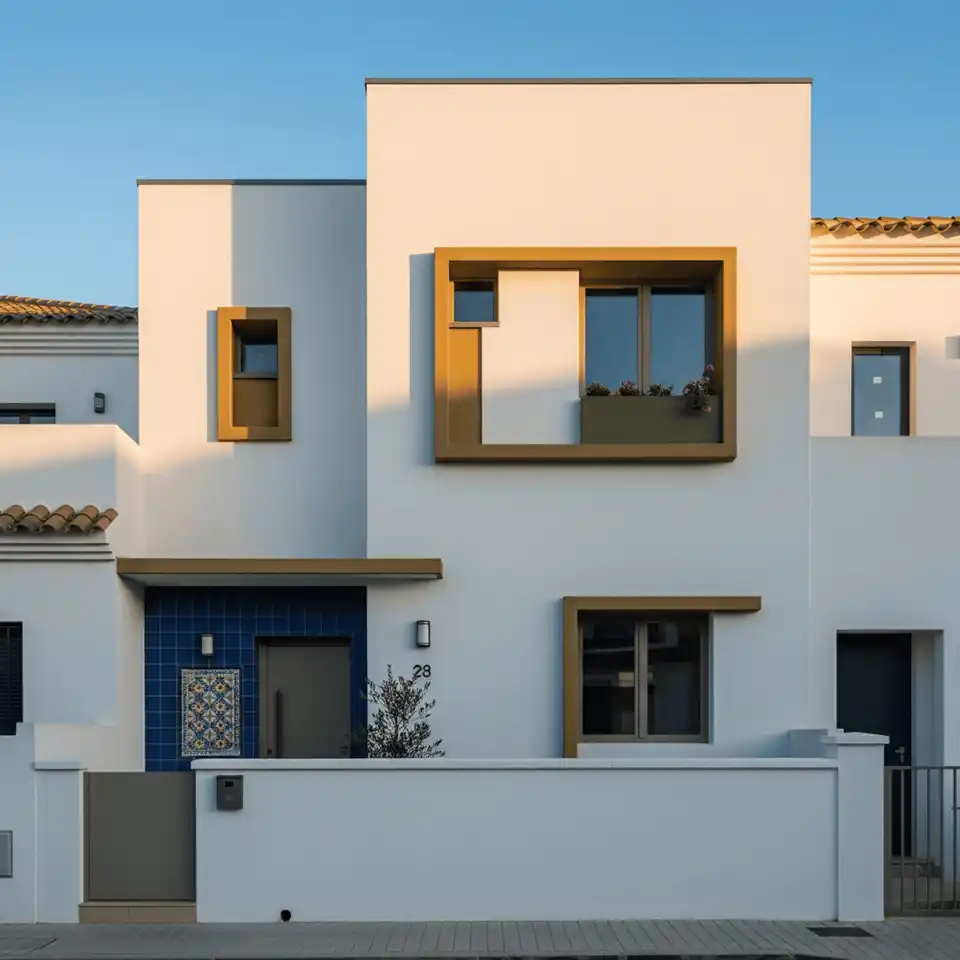Fotografía de una fachada moderna de una casa adosada de dos pisos. La pared es de color blanco con detalles decorativos en azul y dorado. La puerta de entrada es gris y está enmarcada por una sección de pared con azulejos azules brillantes y un pequeño azulejo decorativo cerca de la puerta. Las ventanas tienen marcos dorados, uno de los cuales sobresale de la fachada para formar una jardinera con algunas plantas. La casa tiene una pared blanca baja y un camino de ladrillos en primer plano. El sol del atardecer ilumina la fachada, proyectando largas sombras