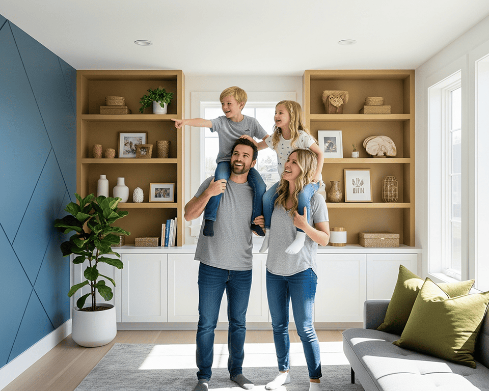 Una familia de cuatro personas posa sonriendo en un salón de diseño moderno. Un hombre y una mujer llevan a un niño y a una niña sobre sus hombros, respectivamente. El salón tiene una pared de acento azul con un patrón geométrico, un sofá gris, y estanterías de madera a medida.
