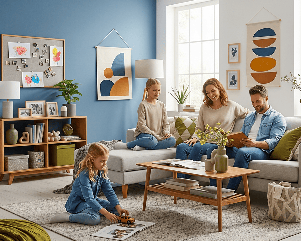 Una pareja de pie en un luminoso salón de diseño moderno, con grandes ventanales de suelo a techo que ofrecen una impresionante vista panorámica del mar y la costa. El salón tiene un sofá con cojines de colores, una mesa de centro de madera y una gran pintura abstracta en la pared.
