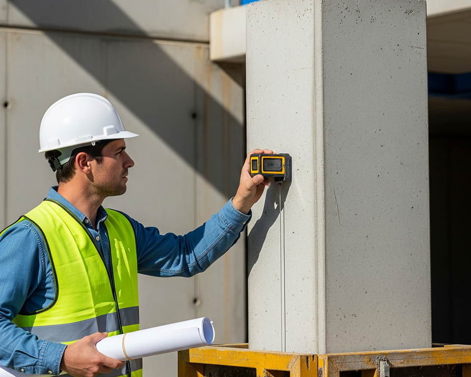 Un profesional de la construcción con casco y chaleco de seguridad mide un pilar de hormigón con un dispositivo portátil. Sostiene planos enrollados en su brazo. El pilar tiene barras de acero de refuerzo en la parte superior.