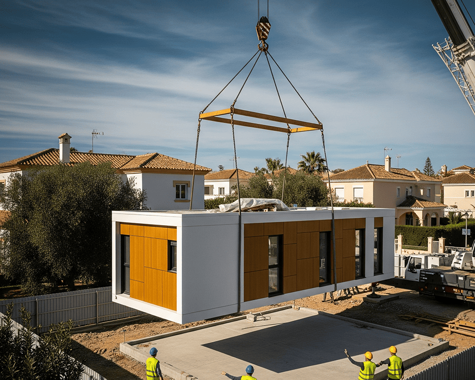 Una grúa de construcción está elevando un módulo de una casa prefabricada sobre una solera de hormigón. El módulo es de color blanco y tiene revestimiento de madera. Cuatro obreros con chalecos reflectantes y cascos de seguridad están en el suelo, ayudando a posicionar la estructura.