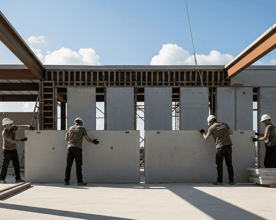 Cuatro obreros con cascos de seguridad y ropa de trabajo están empujando y guiando dos grandes paneles de hormigón prefabricado. Los paneles están siendo bajados por una grúa sobre una estructura de obra.