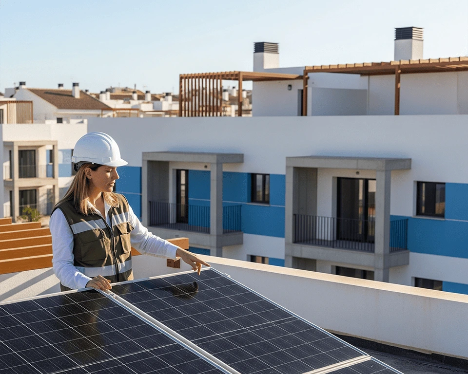 Una profesional con casco blanco y chaleco de seguridad examina unos paneles solares en la azotea de un edificio de viviendas. Con una mano, toca la superficie de los paneles y con la otra, se sujeta a la barandilla.