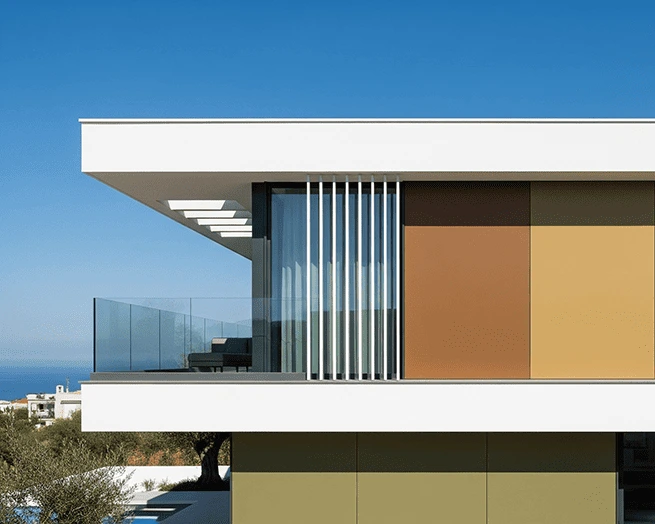 Un render 3D de una vivienda moderna de dos plantas con fachada blanca y revestimiento de piedra gris en la parte inferior. La casa tiene grandes ventanales y un patio con césped, una pérgola y mobiliario de jardín de color blanco.