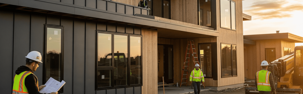 Una casa moderna en una fase avanzada de construcción, con trabajadores en un entorno organizado al atardecer, representando un proyecto bien gestionado y exitoso.