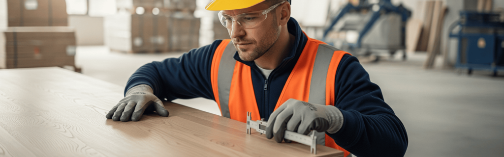 Trabajador de la construcción con casco y chaleco midiendo un panel de madera en una obra, representando la calidad de los materiales y los estándares de trabajo
