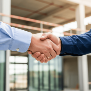 Dos profesionales estrechando manos frente a una obra en construcción, simbolizando un acuerdo, confianza y el inicio de un proyecto con una constructora en Andalucía