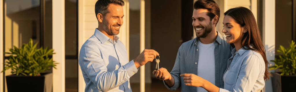 Agente inmobiliario entregando las llaves de una casa moderna a una pareja feliz, simbolizando la finalización exitosa y la entrega de un hogar en Sevilla