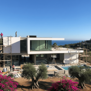 Una moderna casa de obra nueva en construcción con vistas al mar en la costa de Málaga, mostrando el progreso de la obra y la calidad del proyecto
