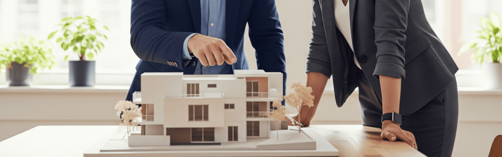 Dos arquitectos o profesionales de la construcción revisando una maqueta de vivienda moderna en una oficina de Sevilla, representando planificación y especialización en diseño