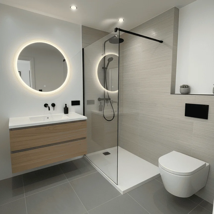 Baño moderno con plato de ducha a ras de suelo, mampara de cristal, mueble de madera claro y espejo LED circular, reflejando diseño y calidad en los acabados.