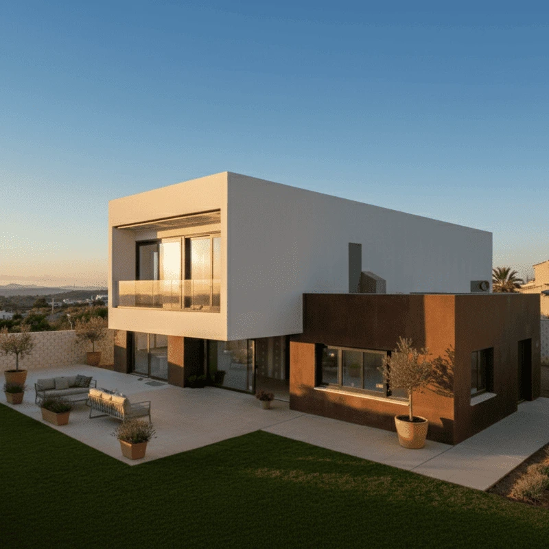 Vivienda unifamiliar moderna con diseño de líneas rectas, construida con servicio integral y precio cerrado en Andalucía.