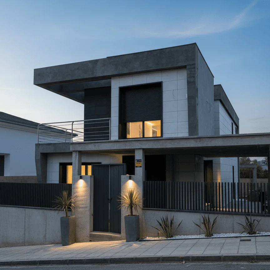 Fachada de vivienda moderna con diseño minimalista e iluminación exterior por la noche. Proyecto llave en mano.