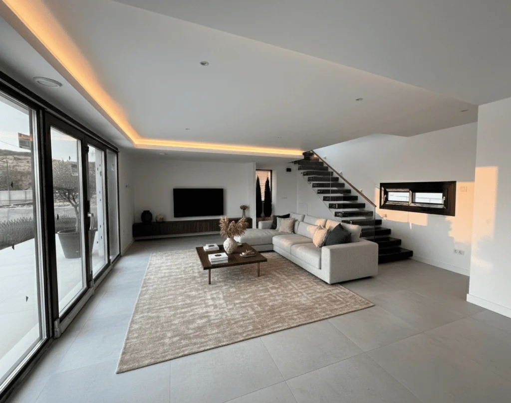 Construcción integral precio cerrado: Salón moderno de diseño abierto con grandes ventanales, sofá modular, alfombra neutra y escalera flotante, reflejando acabados de alta calidad en tu obra.