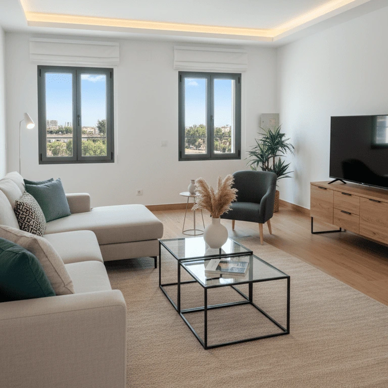 Sala de estar con luz natural, ventanas amplias y decoración funcional, parte de un proyecto de construcción de vivienda llave en mano.
