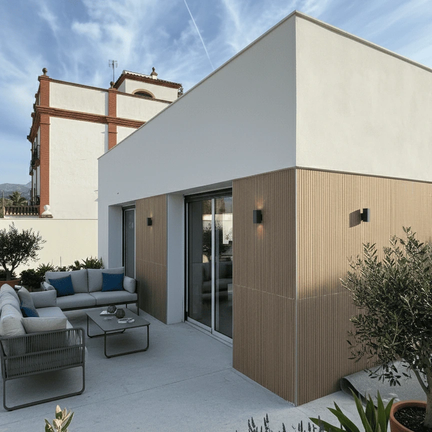 Diseño de terraza con mobiliario de exterior y jardinería, parte de un proyecto de construcción integral.