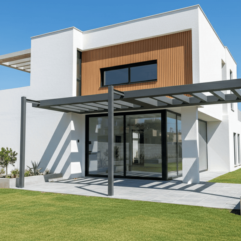 Vista trasera de chalet con grandes ventanales y pérgola, terminado bajo el modelo de construcción precio cerrado.