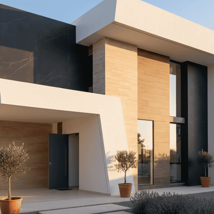 Detalle de la entrada de un chalet de lujo con diseño moderno, realizado mediante un contrato de construcción precio cerrado sin sorpresas.