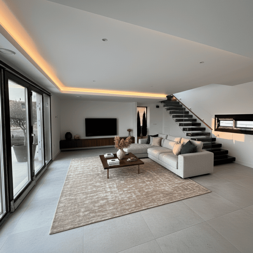 Salón amueblado de diseño con escalera moderna, resultado de una construcción precio cerrado con acabados premium.