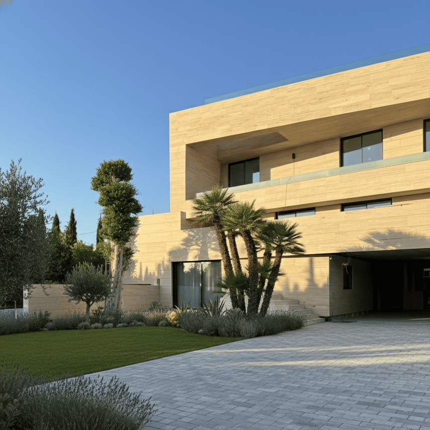 Vista exterior de chalet de obra nueva con fachada de piedra natural y jardín paisajístico, garantía de construcción precio cerrado.