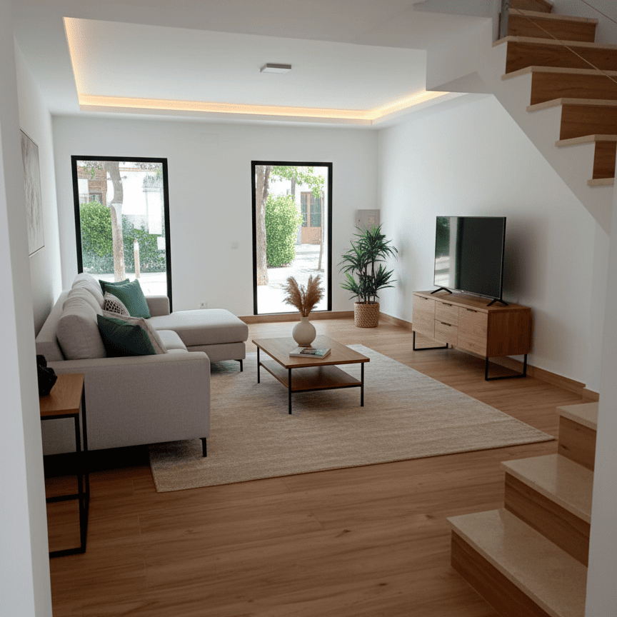 Fotografía de un salón moderno tras reformas integrales con un diseño de concepto abierto, escaleras de madera y gran luminosidad, mostrando el acabado de alta calidad que se obtiene con un precio cerrado garantizado. Incluye sofá modular, televisor sobre mueble de madera, y suelo de parquet.