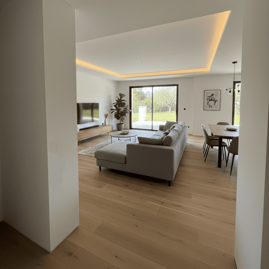 Salón y comedor diáfano con suelo de madera en un proyecto de construcción precio cerrado de vivienda moderna.