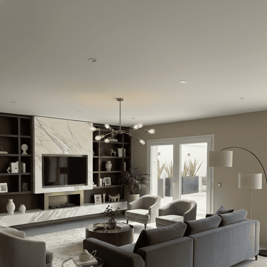 Sal&oacute;n moderno de construcciones precio cerrado con dise&ntilde;o interior de lujo, estanter&iacute;as empotradas y chimenea de m&aacute;rmol.