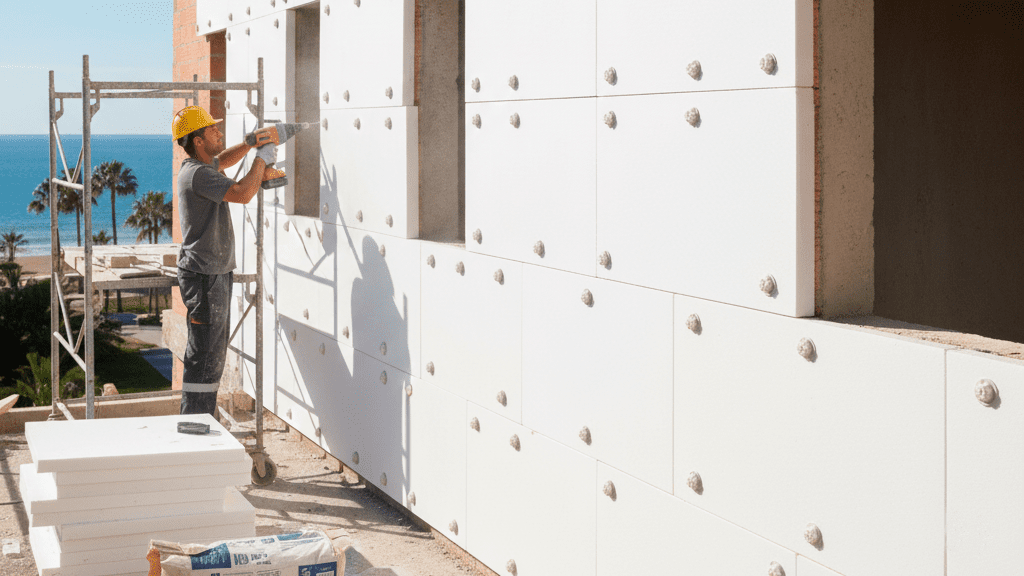 Fotografía de una fachada con los paneles de aislamiento colocándose.