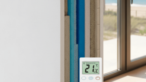 Fachada de vivienda de dise&ntilde;o en la costa con aislamiento t&eacute;rmico exterior SATE, grandes ventanales de control solar y acabados modernos en tonos claros para eficiencia energ&eacute;tica en Huelva y M&aacute;laga.