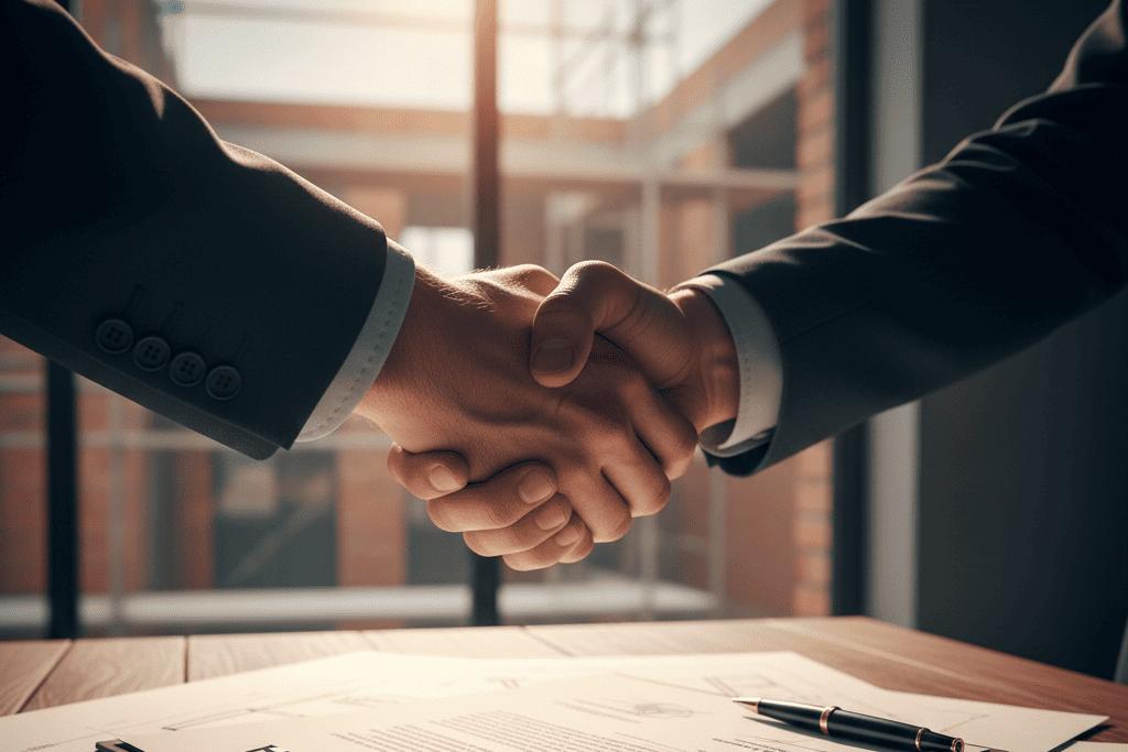 Unas manos estrechándose sobre un contrato y unos planos de obra.