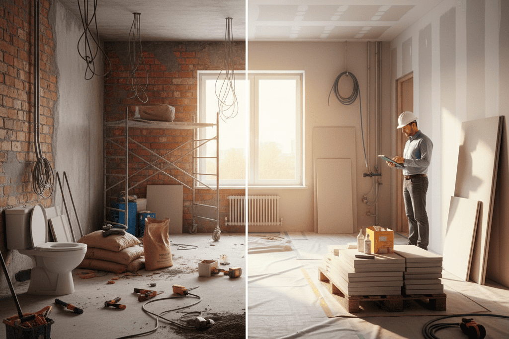 Comparativa visual de los resultados de presupuesto con poco detalle vs un presupuesto detallado. En una foto aparecen los materiales desordenados en una obra y en la otra la misma foto organizada.