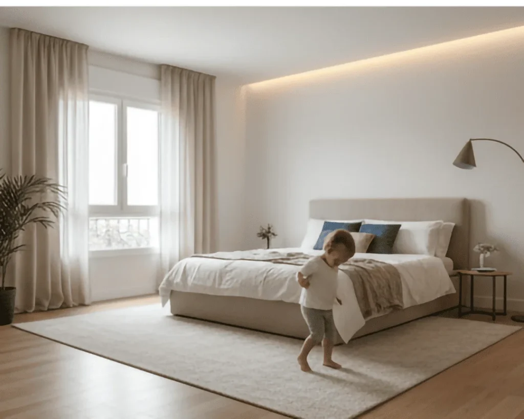 Suelo laminado de roble claro en un dormitorio con luz suave, aportando calidez visual a una estancia con orientación norte.