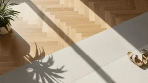 Detalle de suelo porcel&aacute;nico en tono arena con acabado mate en una zona muy iluminada para evitar reflejos del sol.