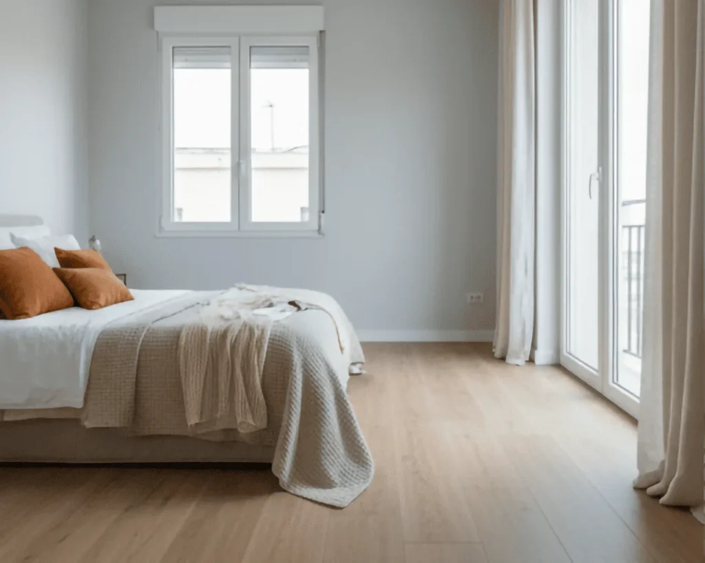 Detalle de suelo cerámico acabado mate en tono gris claro para evitar reflejos solares en estancias con orientación sur.