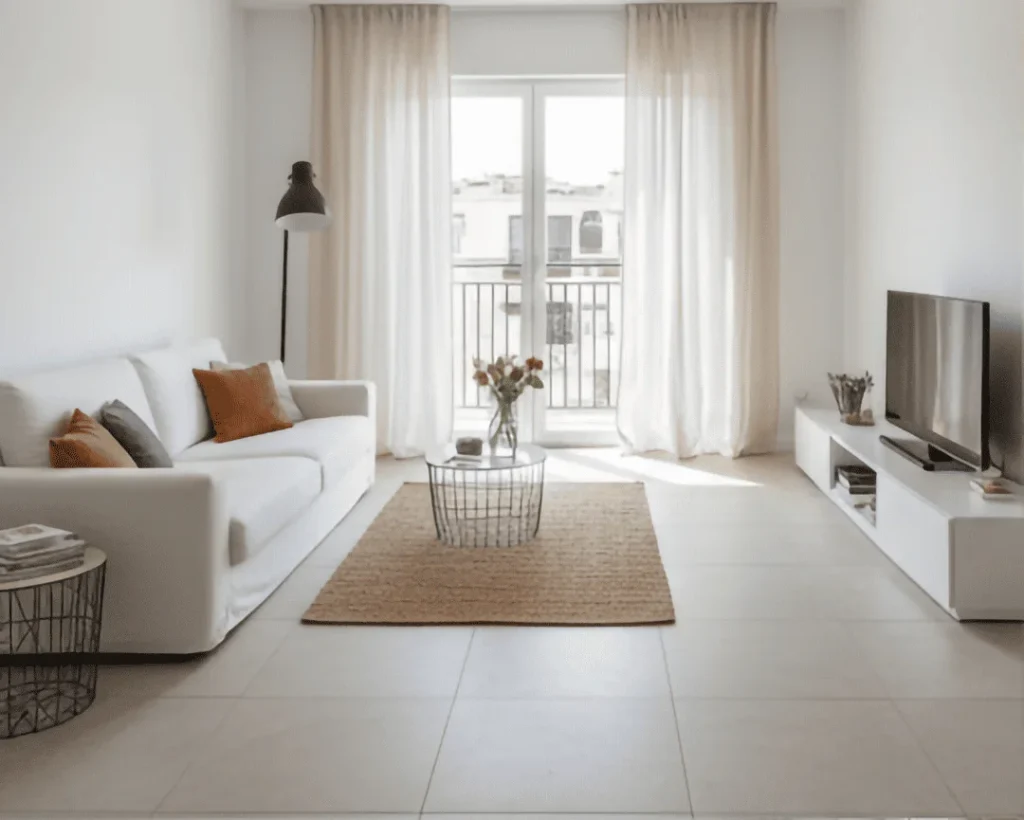 Salón de diseño moderno con grandes ventanales, suelo porcelánico claro y entrada de luz natural intensa, representando una reforma integral en Sevilla.